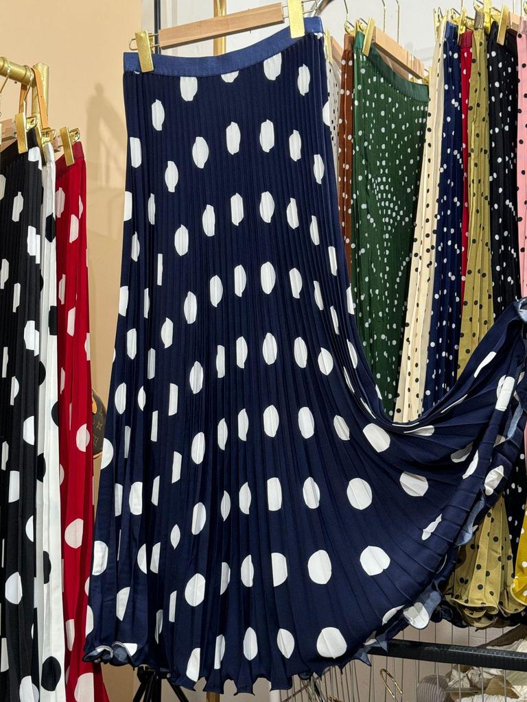 Multicolor Korean Style Chiffon High Waist Pleated Polka Dot Midi Skirt
