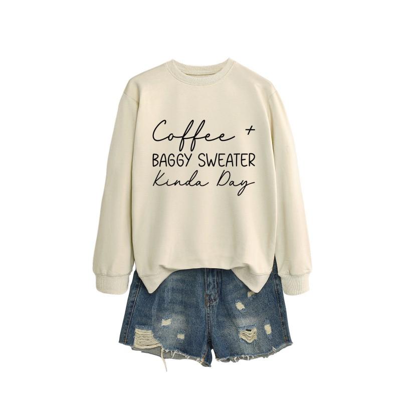 Womens Oversized Round Neck Long Sleeve Cotton Blend Casual Sweatshirt With Print - Loose Fit Comfort Top