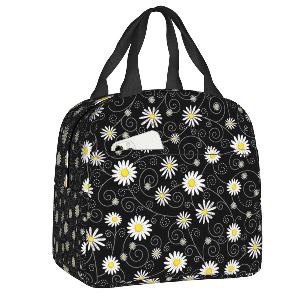 Floral Daisy Print Insulated Lunch Bag for Women Chamomile Flowers Cooler Thermal Lunch Tote Box Portable Picnic Food Bento Bags