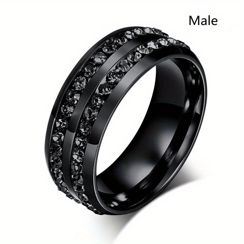 Fashion Couple Rings Women Black Heart Crystal CZ Rings Set Men's Two Rows Black CZ Stone Stainless Steel Ring Wedding Jewelry