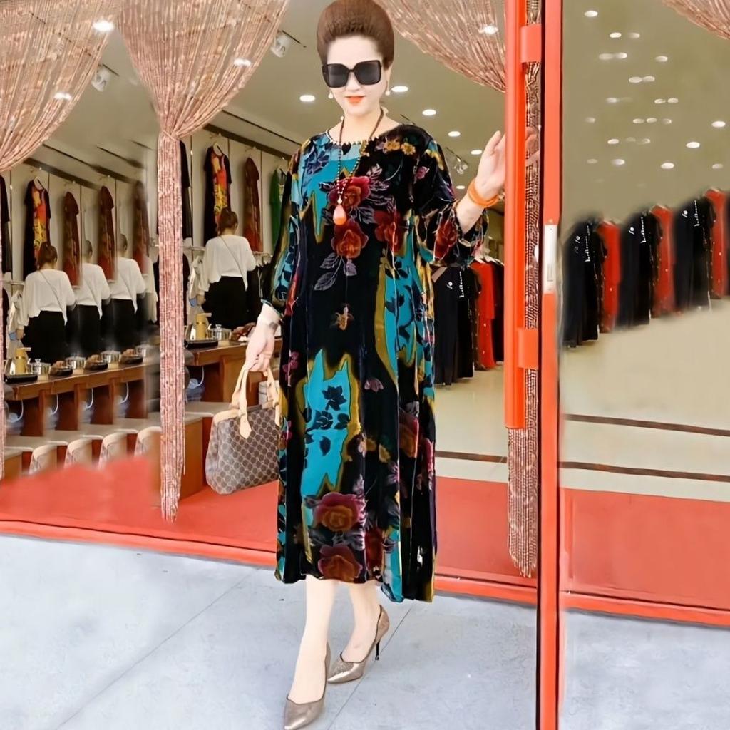 Spring Autumn Women's Gold Velvet Dress Round Neck Printed Plus Size Dress Long Floral Dresses