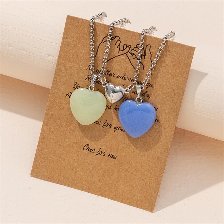 Heart and Hexagon Magnetic Natural Stone Pendant Necklace Set