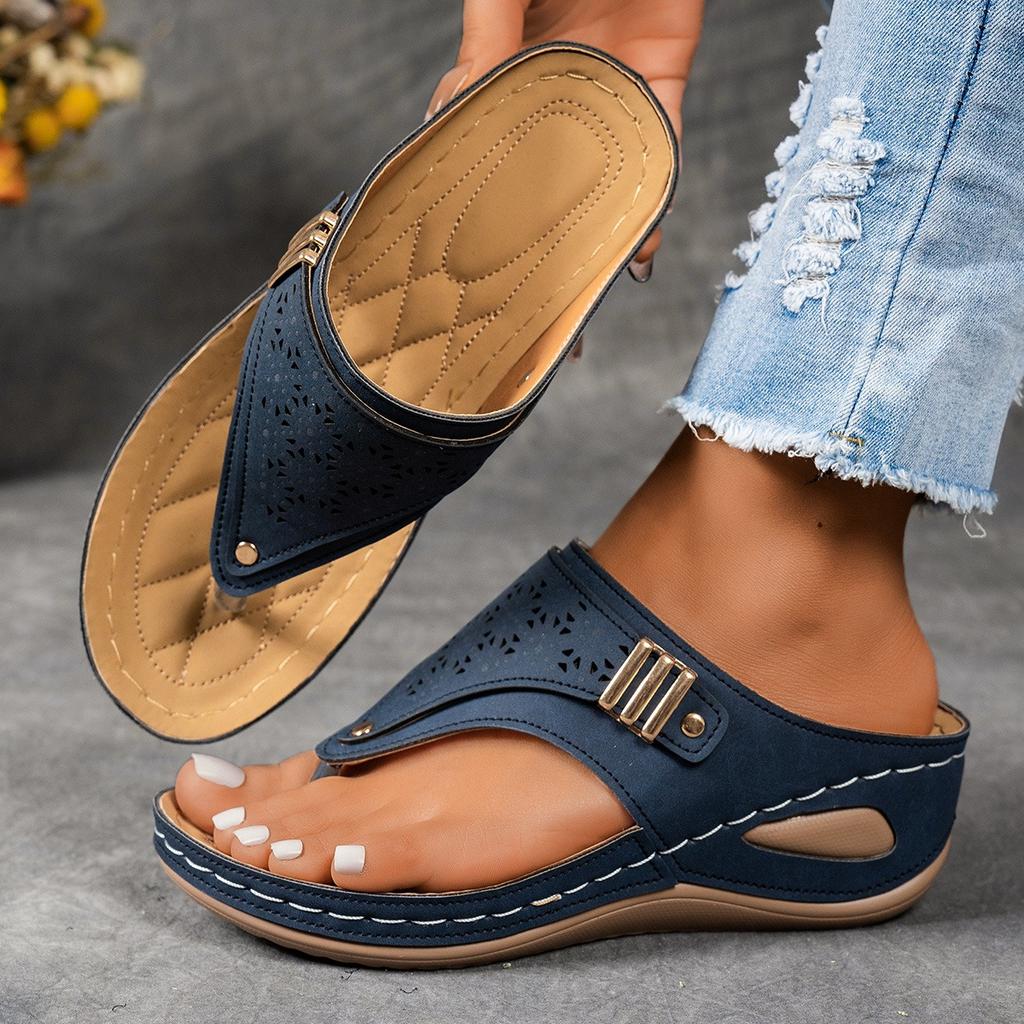 Flop Fashion Flip Thong Womens Sandals Cutout Design Soft Sole Slope Heel Metallic Embellishment Comfortable Beach Flip Flops Womens Sandals