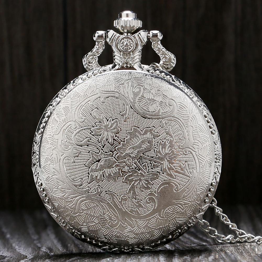 Vintage Steam Train Antique Chain Quartz Pocket Watch Round Skeleton Case Roman Numerals Locomotive Pendant