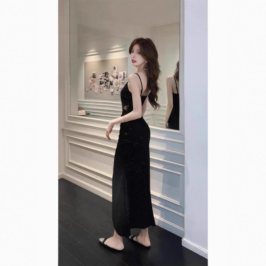 Pure Desire Royal Sister Wind V-neck Suspender Dress Women's Summer Split Fork Hip-wrapped Long Dress High Sequined Evening Dress Dress