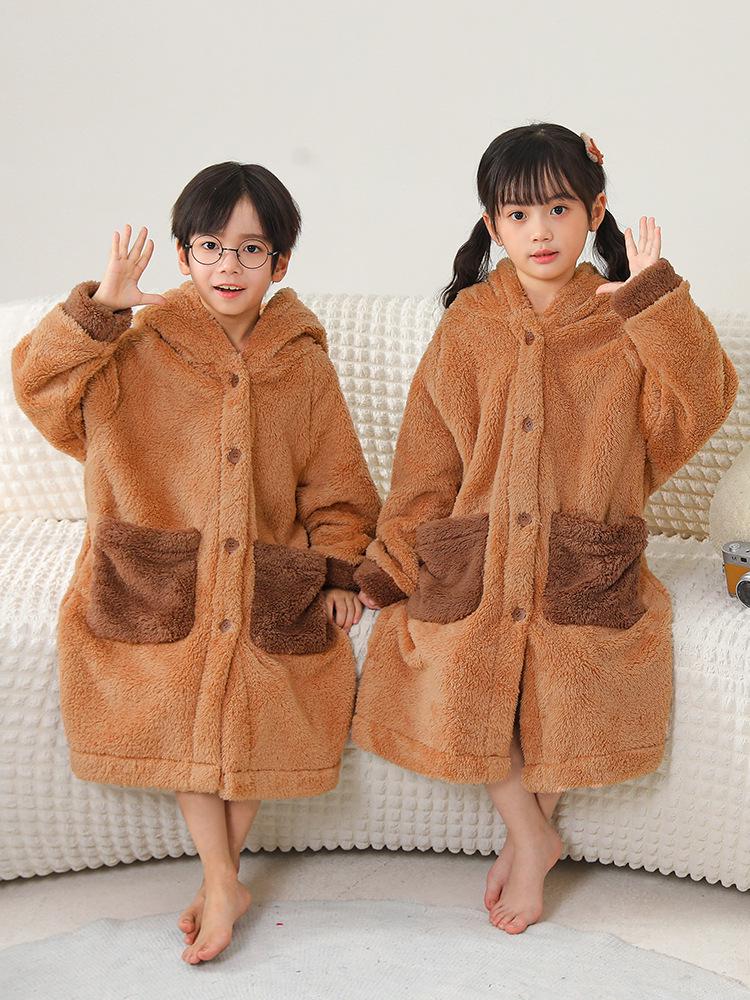 Dicke Kapibara Kinder-Schlafanzüge aus Korallenfleece - Herbst & Winter Langer Bademantel für Jungen, Mädchen & Babys