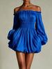 2026 European and American Women's Clothing One-word Shoulder Pleats Waist Thin Long-sleeved Dress Women