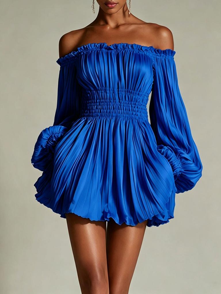 2026 European and American Women's Clothing One-word Shoulder Pleats Waist Thin Long-sleeved Dress Women