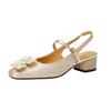 Fashion Women's New Spring/Summer Square Headed Genuine Leather Silk Cowhide Magnolia Multi Pearl Mid Heel Large Headed Muller Sandals