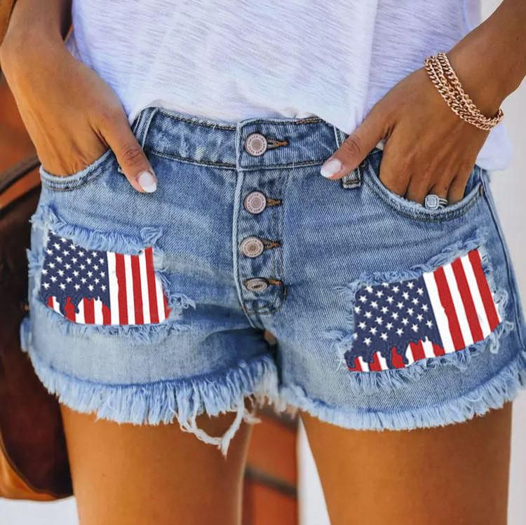 

2025 Women s Trendy Patch Print Denim Shorts with Ripped Fringe Small