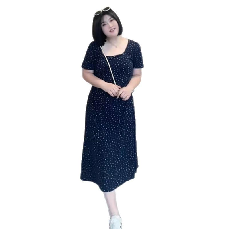 Large size retro elegant square neck floral dress women's summer fat mm thin gentle wind temperament versatile skirt