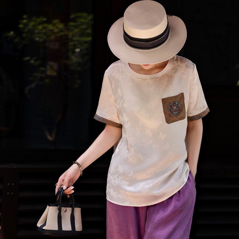 Lanseer Women s Embroidered Butterfly Jacquard Silk Blend T-shirt L
