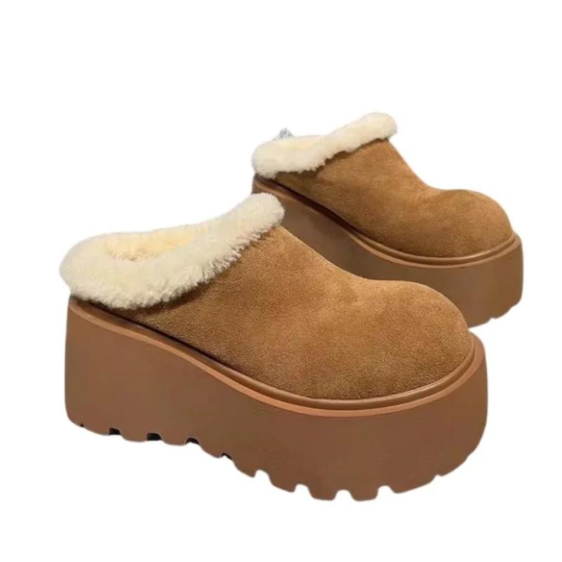 Fashion Platform High Heels Women Fur Slippers Suede Mules Shoes Winter 2025 Trend New Casual Snow Boots Short Plush Warm Cotton Shoes