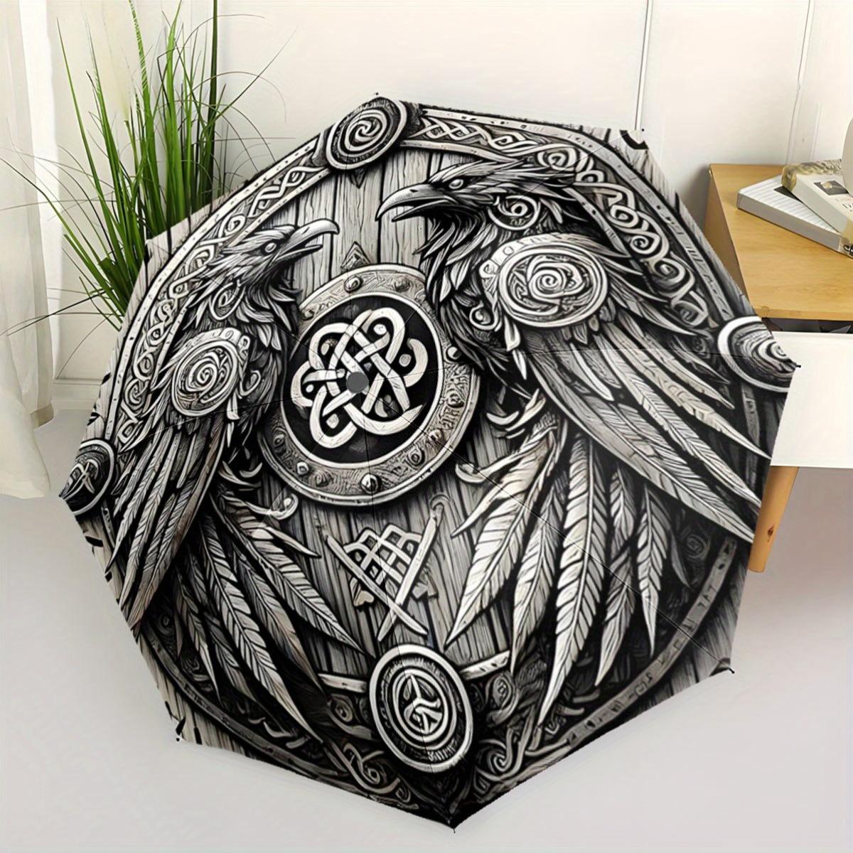 Automatic Folding Umbrella with Viking Raven & Shield Design - 8-Rib Sturdy Frame, Compact Portable Collapsible Umbrella for A