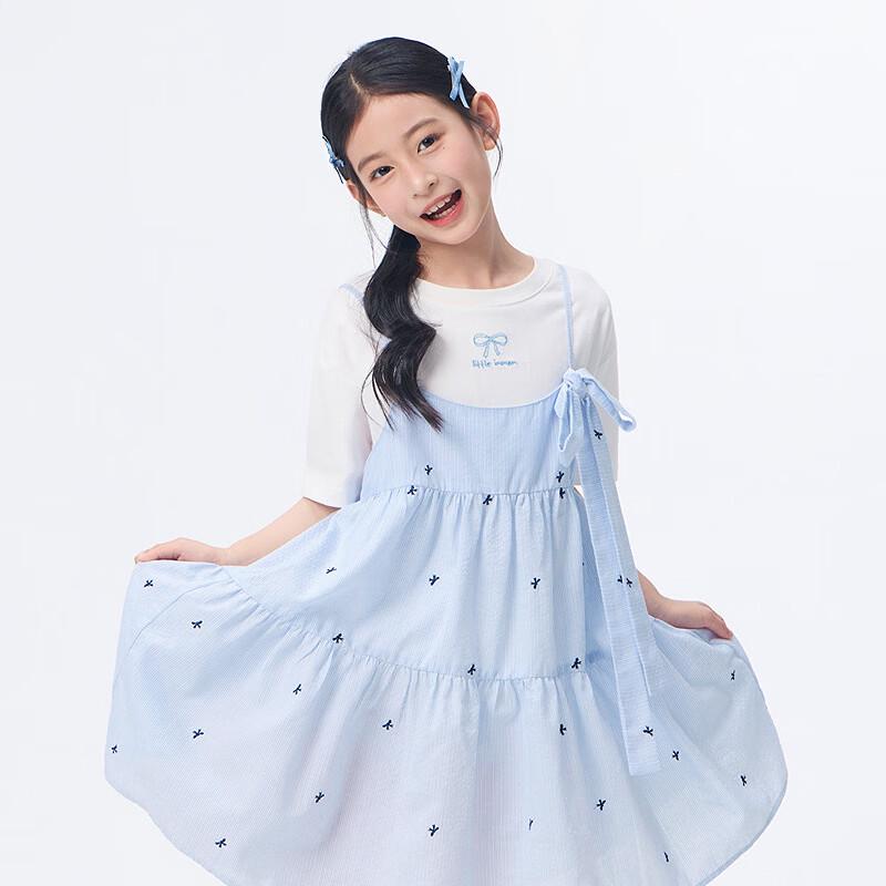 

Girls Summer Bow-Decorated Suspender Dress & T-shirt Set 140
