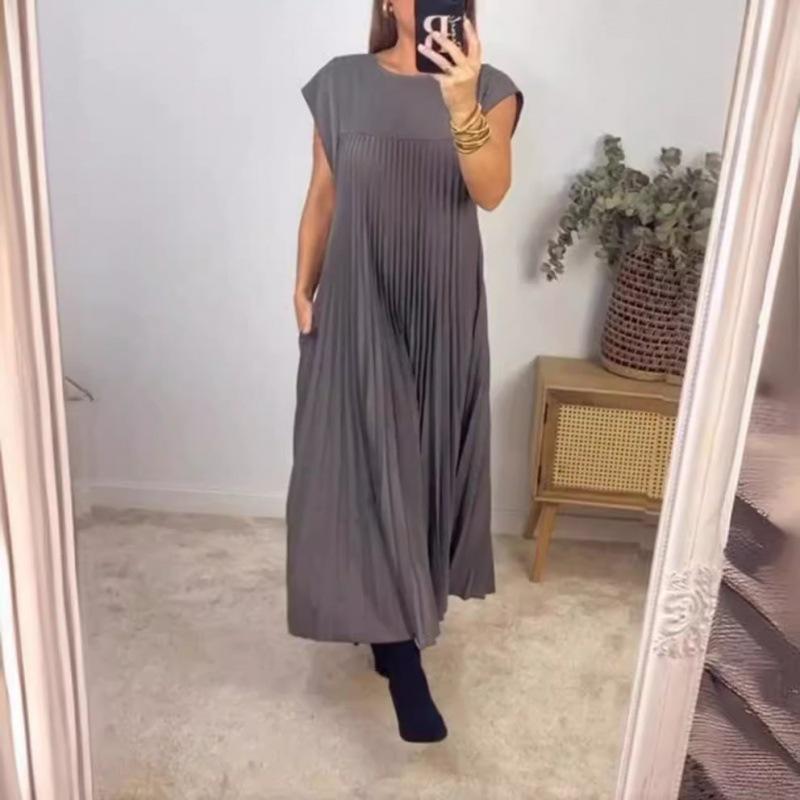 Damen Rundhals Ärmellos Plissiertes Maxikleid Lockerer Schnitt Hoher Bund Schwingendes Kleid 2024 Sommer Einfarbig Tasche Elegant Pendeln Langes Kleid