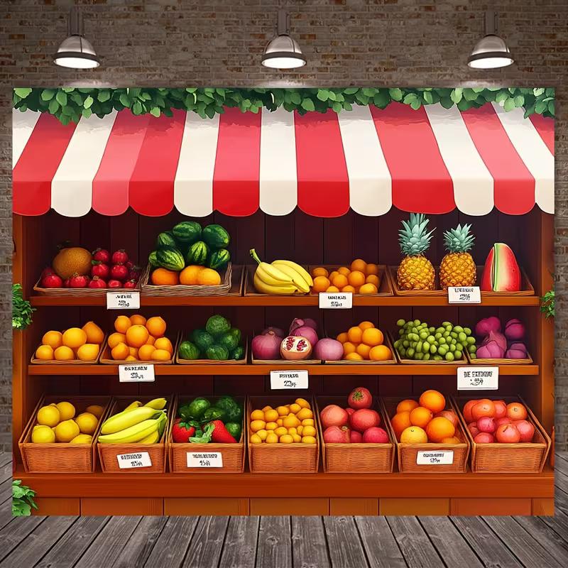 2D Cartoon Fruit Shop Backdrop Kids Birthday Market Theme Photography Background