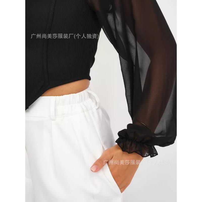 Women Off Shoulder Corset Top Long Sheer Mesh Sleeve Zip Front Blouse