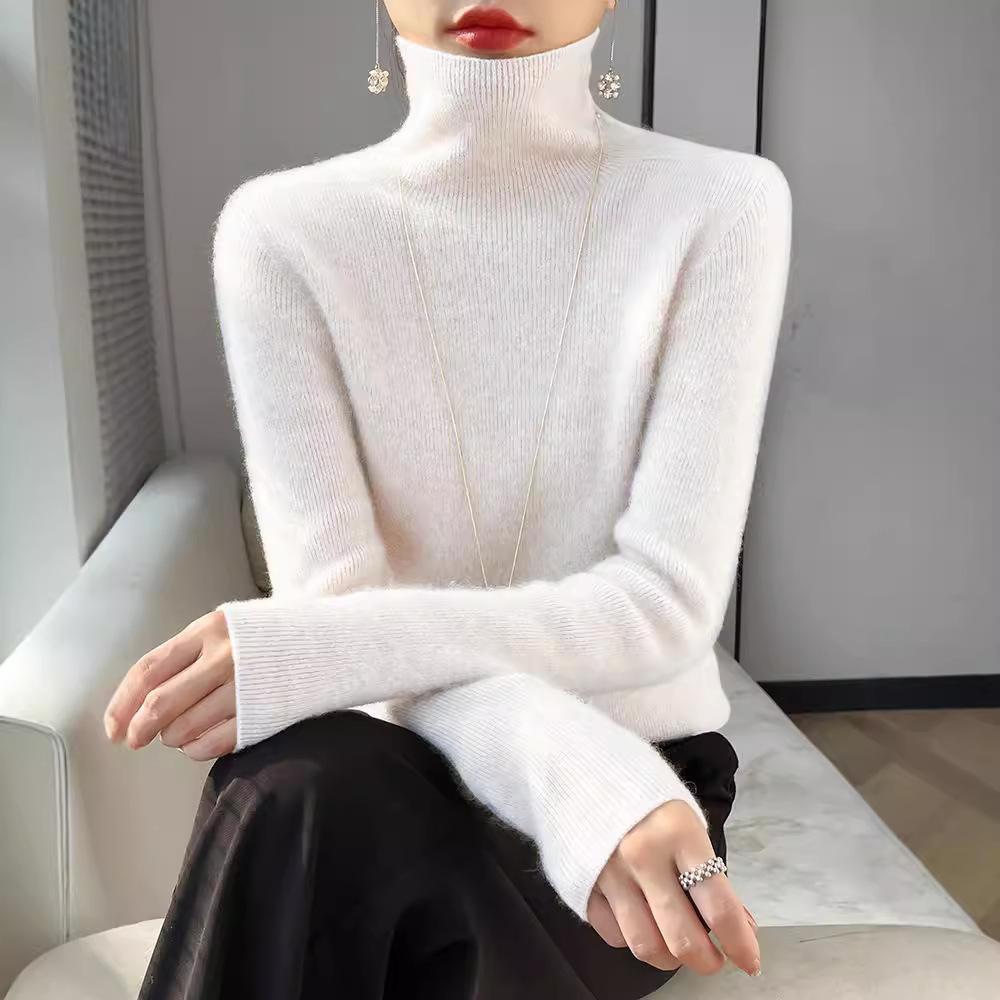 Women's Autumn Winter Pile Neck Knit Pullover Long Sleeve Slim-Fit Thin Inner High Neck Base Layer