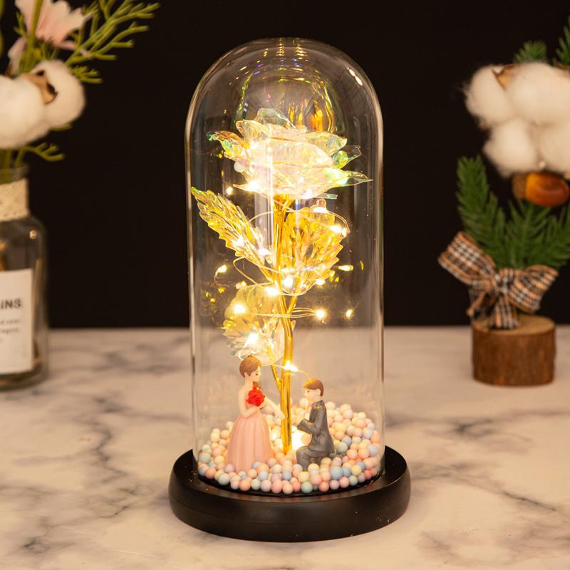 Gold Rose Glass Cover Ornament, Gold Leaf Flower LED Light Creative Christmas and Valentine's Day Gift