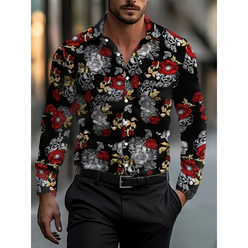 Men S Casual Light Business, Vacation Casual Floral Pattern, Vacation Casual Long-Sleeved Shirt, Red, Blue S