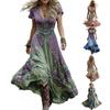 Damen Blumenmuster Maxikleid Kurzarm V-Ausschnitt Schwingkleid Boho Fließendes A-Linien-Kleid Lässiges Abschlussball-Party-Hochzeitsgast-Kleid
