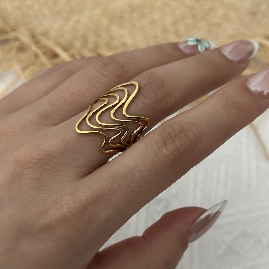 Gold Plated Stainless Steel Geometric Symmetry Line Open Ring for Women Men Line Texture Ring Charms Waterproof Jewelry Gift