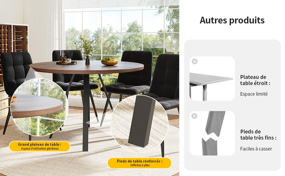 Runder Esstisch (80×80×75cm), Kaffeetisch für 4 Personen, geeignet für Esszimmer, Wohnzimmer, Metalltischbeine, Schreibtisch in Walnussfarbe und schwarze Beine