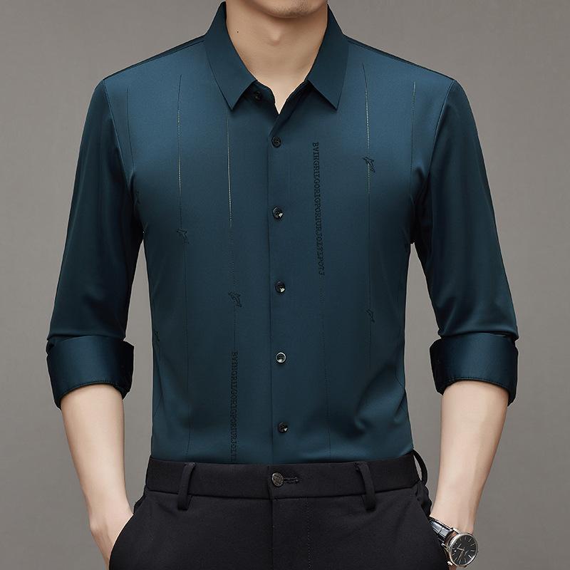 Vår Ny Herr Casual Långärmad Skjorta Enfärgad Stretch Mode Trendig Strykfri Skjorta