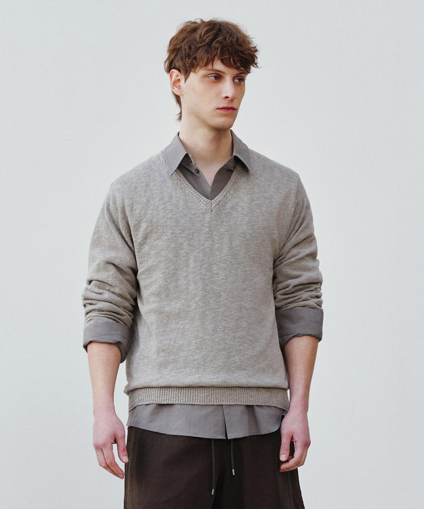 Jeilium Breeze Summer Slub V-Neck Knit Khaki