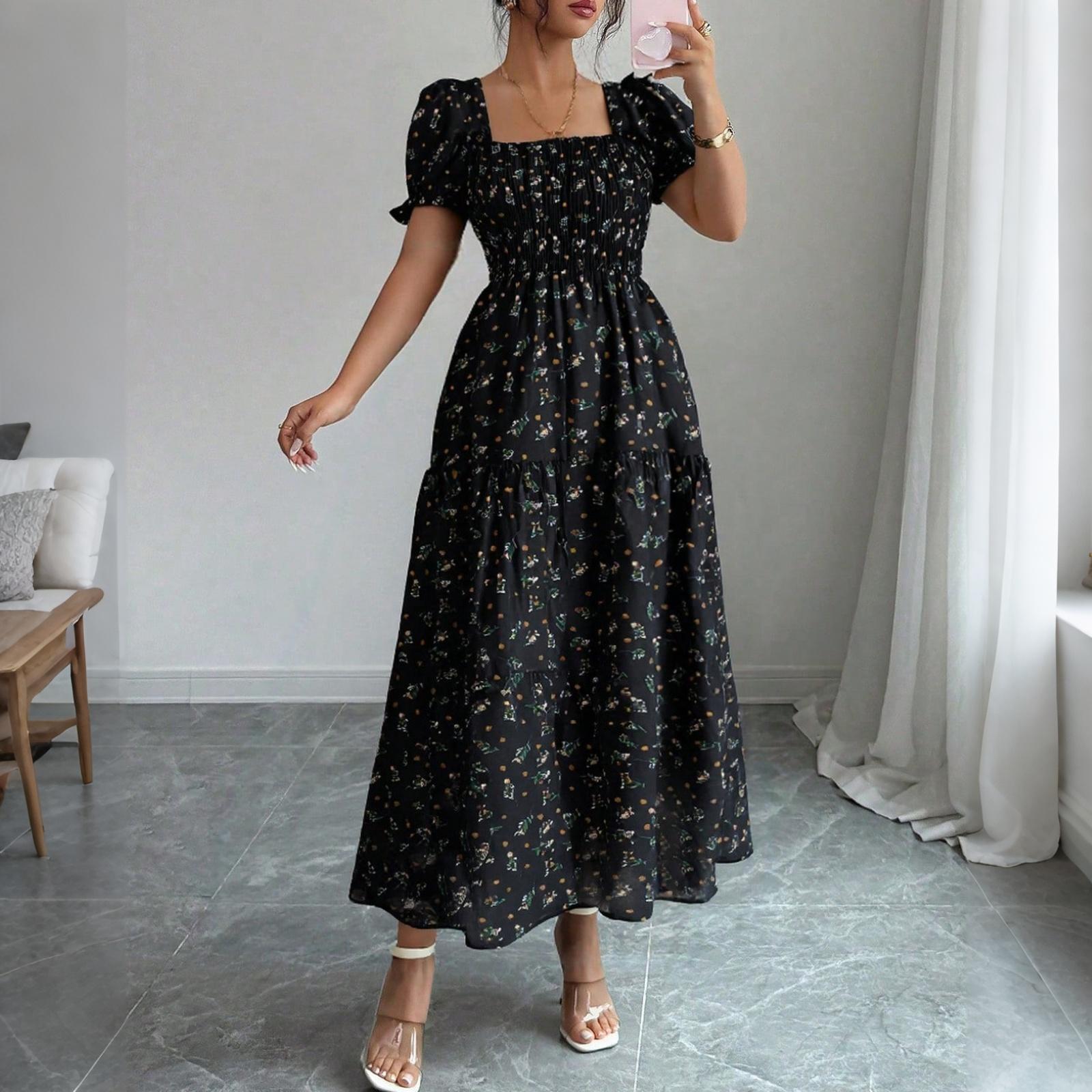 

Women s Square Neck Floral Print Maxi Dress Summer Waist Defined Long Dress Casual Loose Fit Lightweight Fabric L чёрный