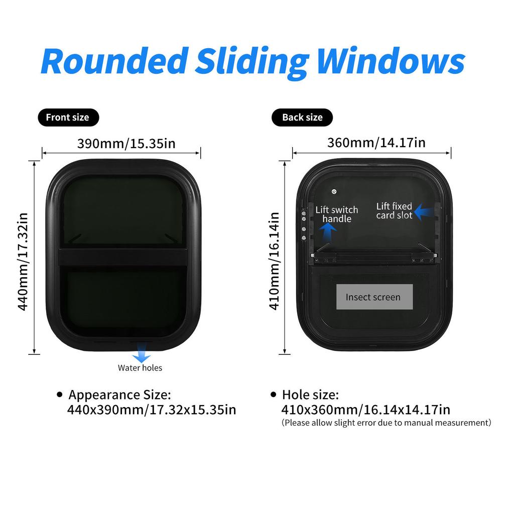 RV Sliding Windows with Screen 440mm H 390mm W Tinted Tempering Glass Waterproof for Motorhome Trailer