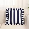 Decorative Ruffled Edge Cushion Case Soft Polyester Fabric Striped Pattern Home Accent Square Throw Pillow Cover
