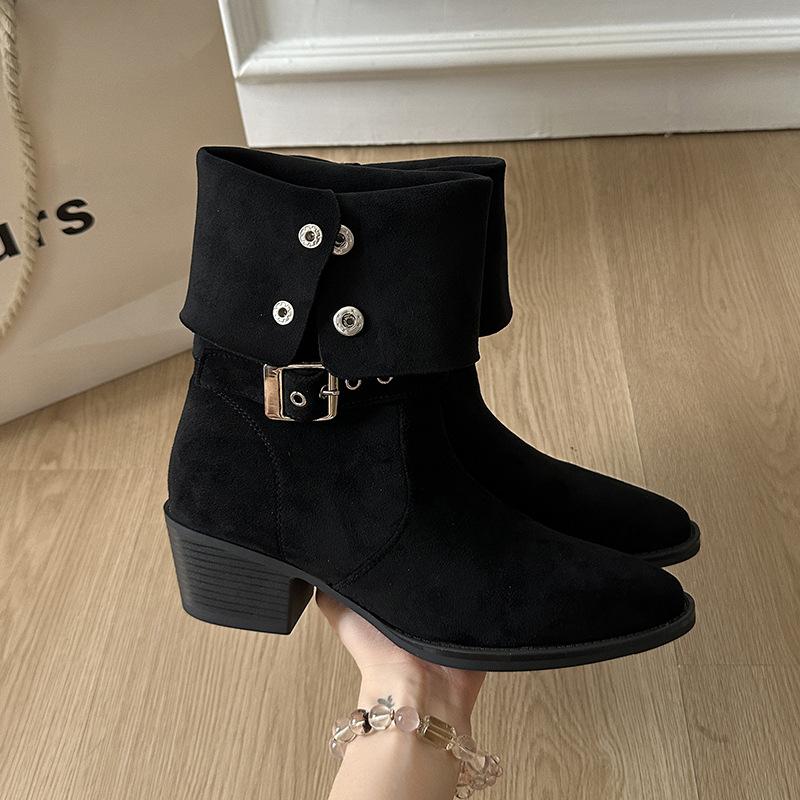 

Two-wearing boots female 2025 autumn new high-end thick heel square head thin boots British style belt buckle knight boots 40 чорний