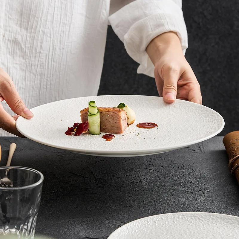 Circular Ceramic Hammer Pattern Shallow Plate Restaurant Steak Plate Dessert Plate Sushi Plates Pure White Specialty Tableware