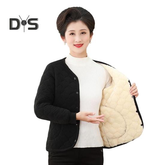 Mid-aged Women Jacket Plush Size Thickened Fleece V Neck Single-breasted Slim Fit Long Sleeves Warm Pockets Mother Bottoming Coat