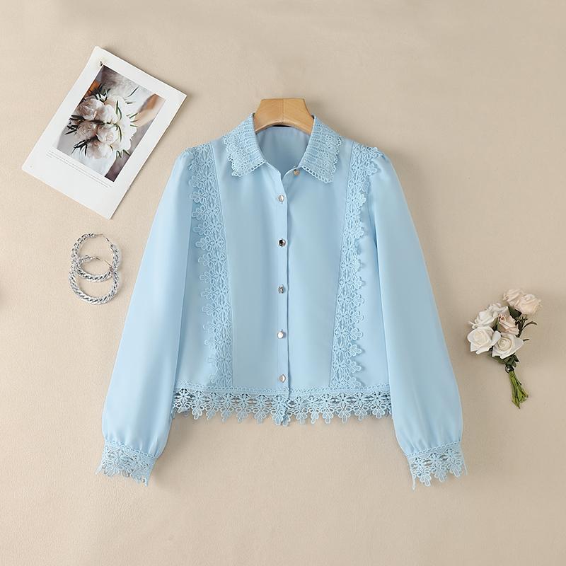 ZANZEA Women Casual Turn Down Collar Long Sleeve Lace Splice Blouse