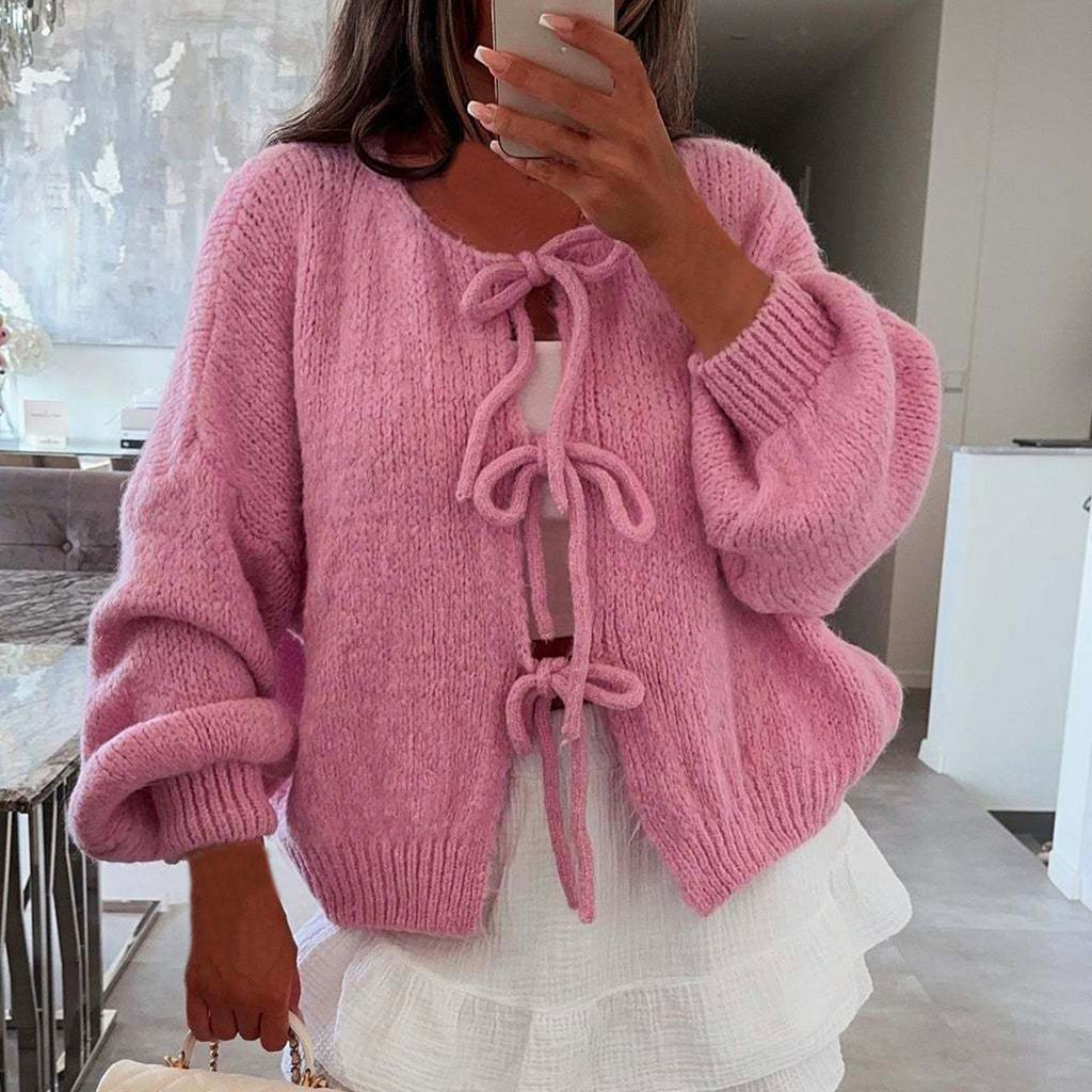 Women‘s Round Neck Long Sleeve Lace-Up Fitted Cardigan Coat
