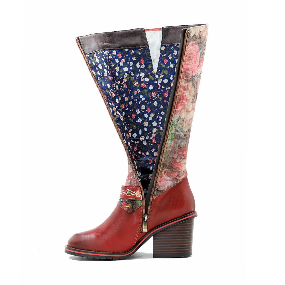 Johnature Vera pelle patchwork stampato fibbia per cintura tacco spesso comodi tacchi alti stivali lunghi scarpe da donna