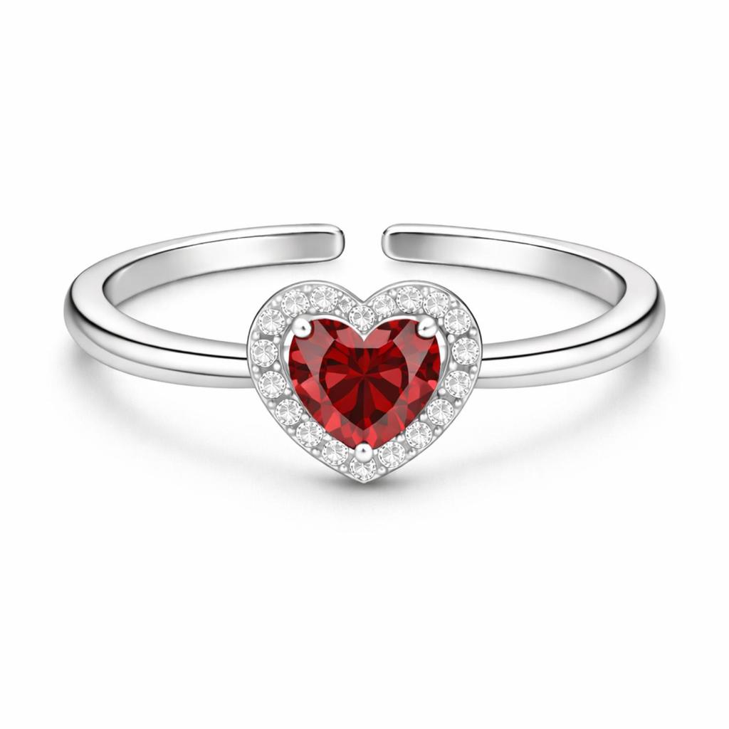 Red CZ Heart Halo Open Adjustable Ring –925 Sterling Silver