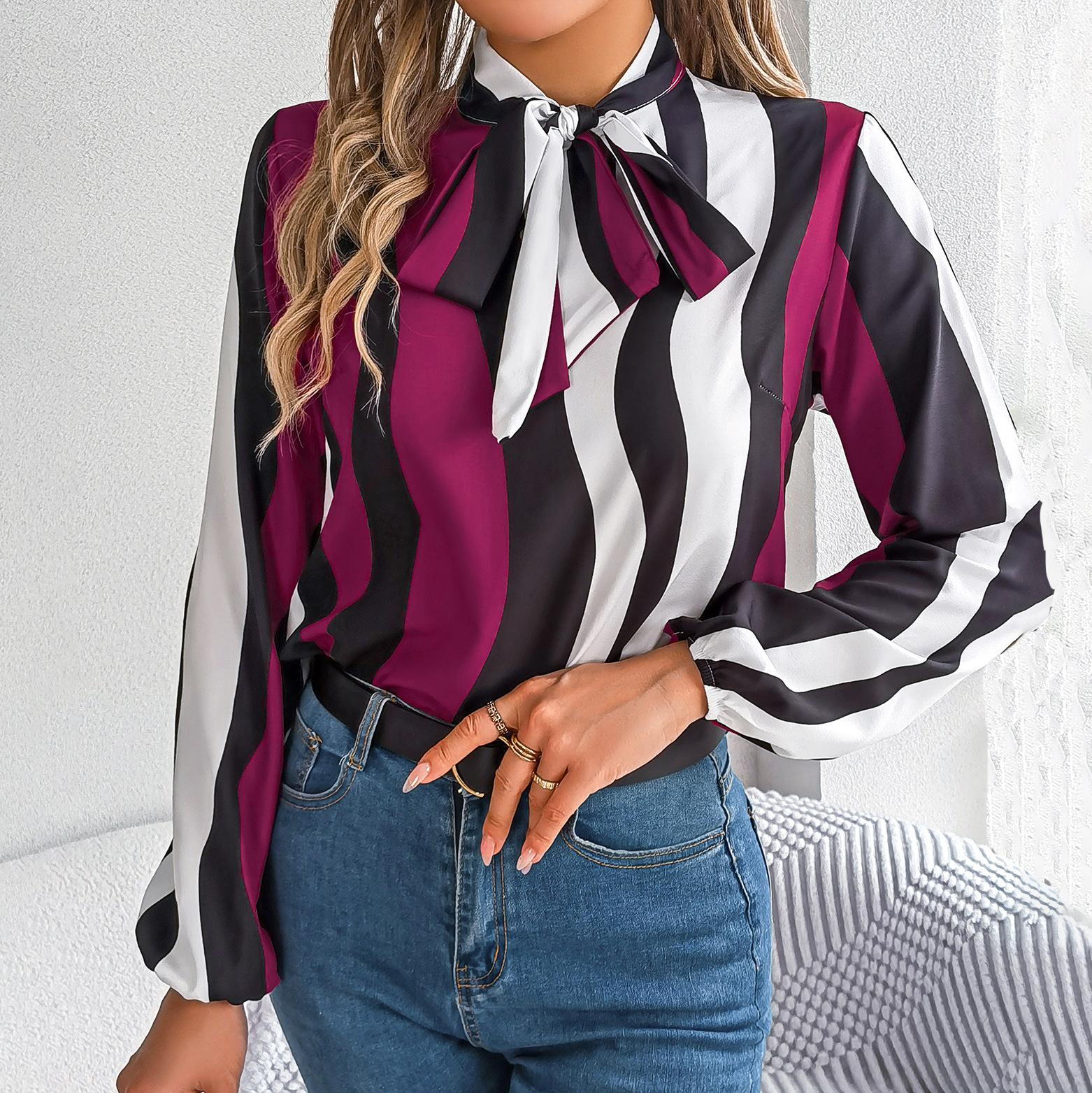 Женская рубашка с длинными рукавами и воротником-бабочкой в ​​полоску с темпераментом — фото 5