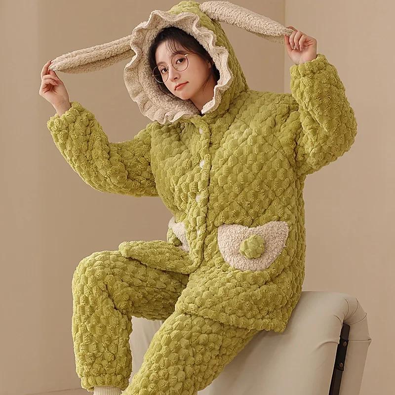 Winter Flannel Warm Nightwear for Young Girl Cardigan Lapel Pajamas Set Coral Fleece Warm Homewear Three-layer Pajamas Set