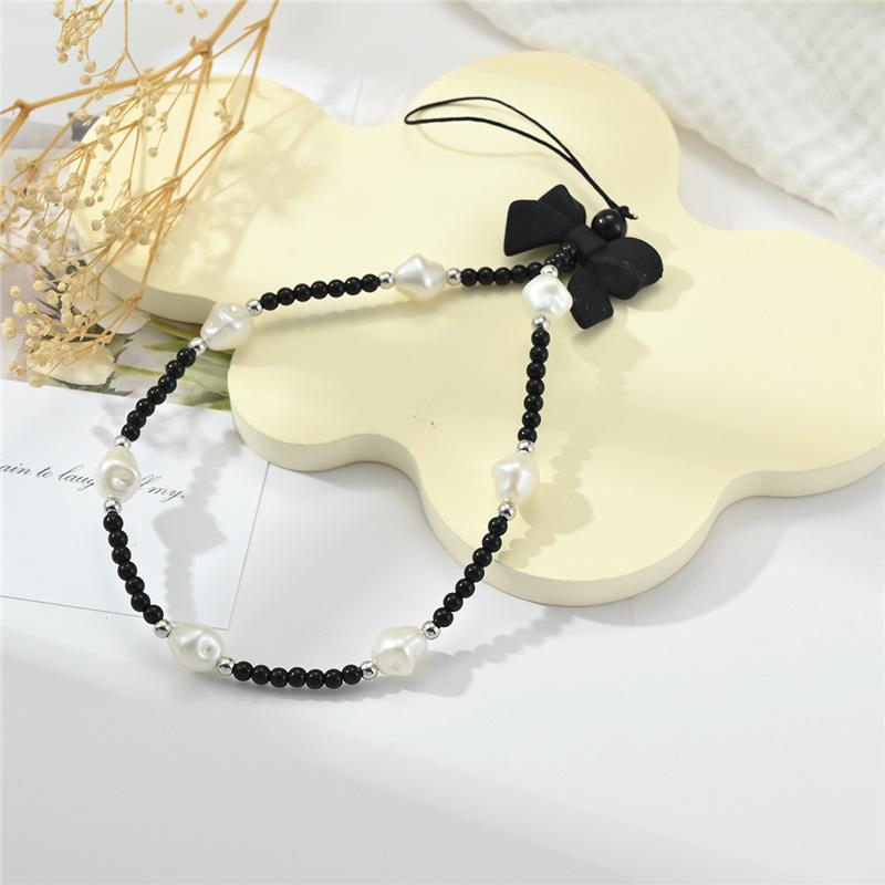Pearl Bow Women s Luxury Beaded Phone Lanyard & Anti-Lost Chain Pendant Black Bow Irregular Pearl Lanyard