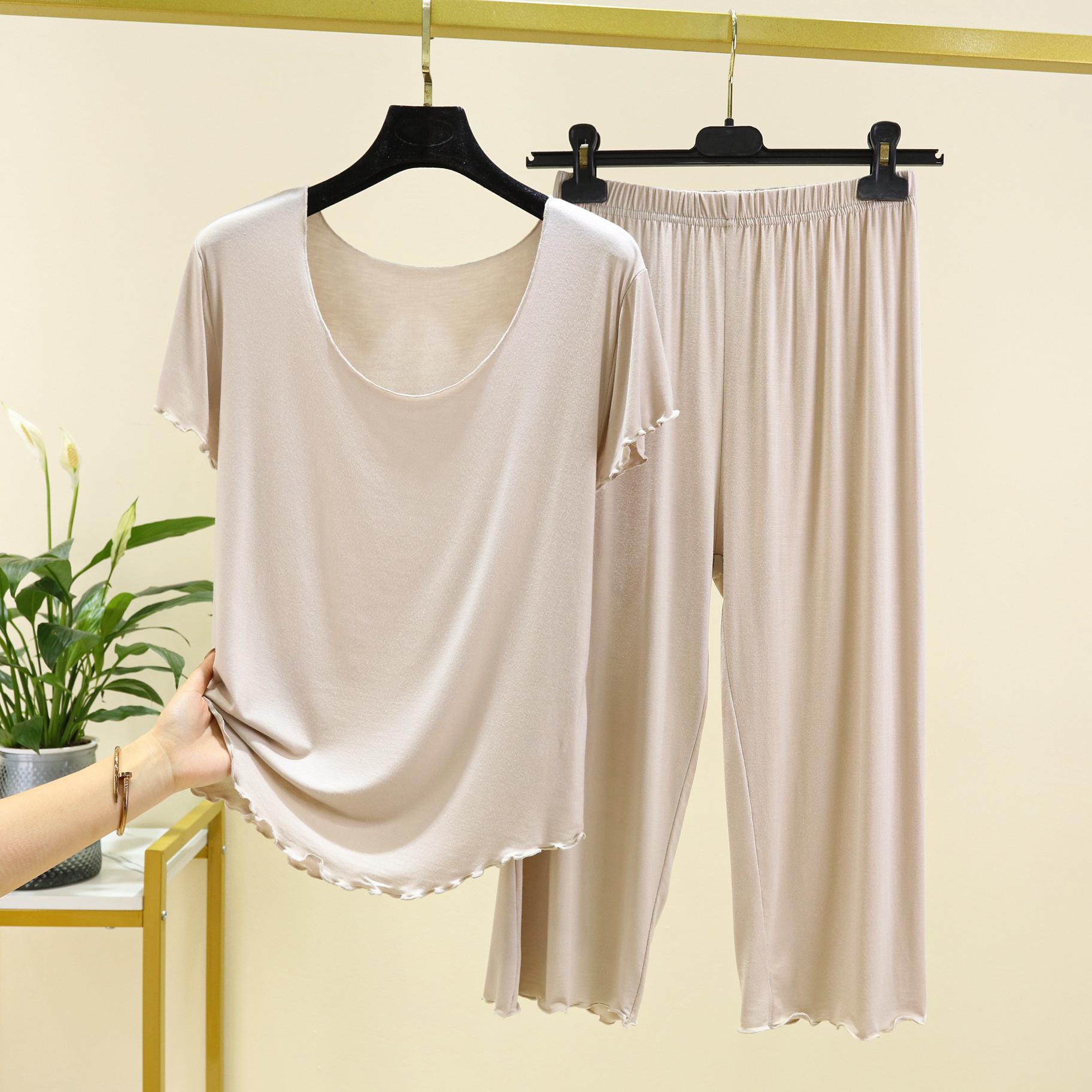 

Женский летний домашний костюм, который можно носить на улице, свободная футболка с короткими рукавами + брюки Seven, мягкий тонкий комплект из двух предметов XS бежевый