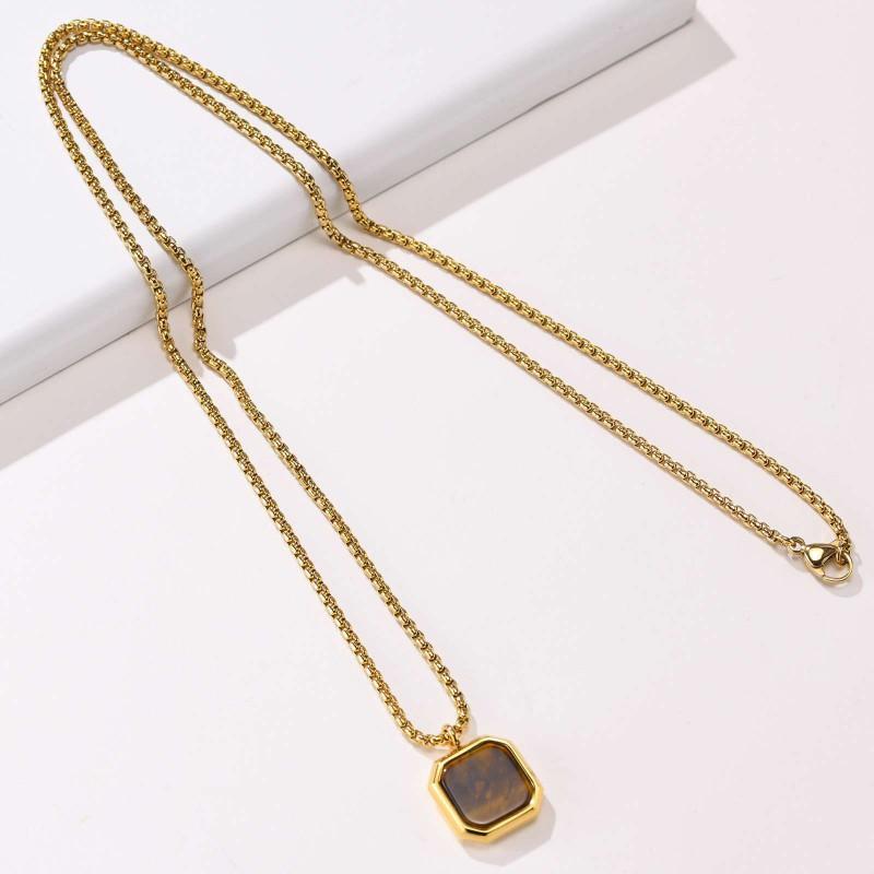 Stainless Steel Square Pendant Necklace Men Long Chain Layered Hip Hop Jewelry Geometric Titanium