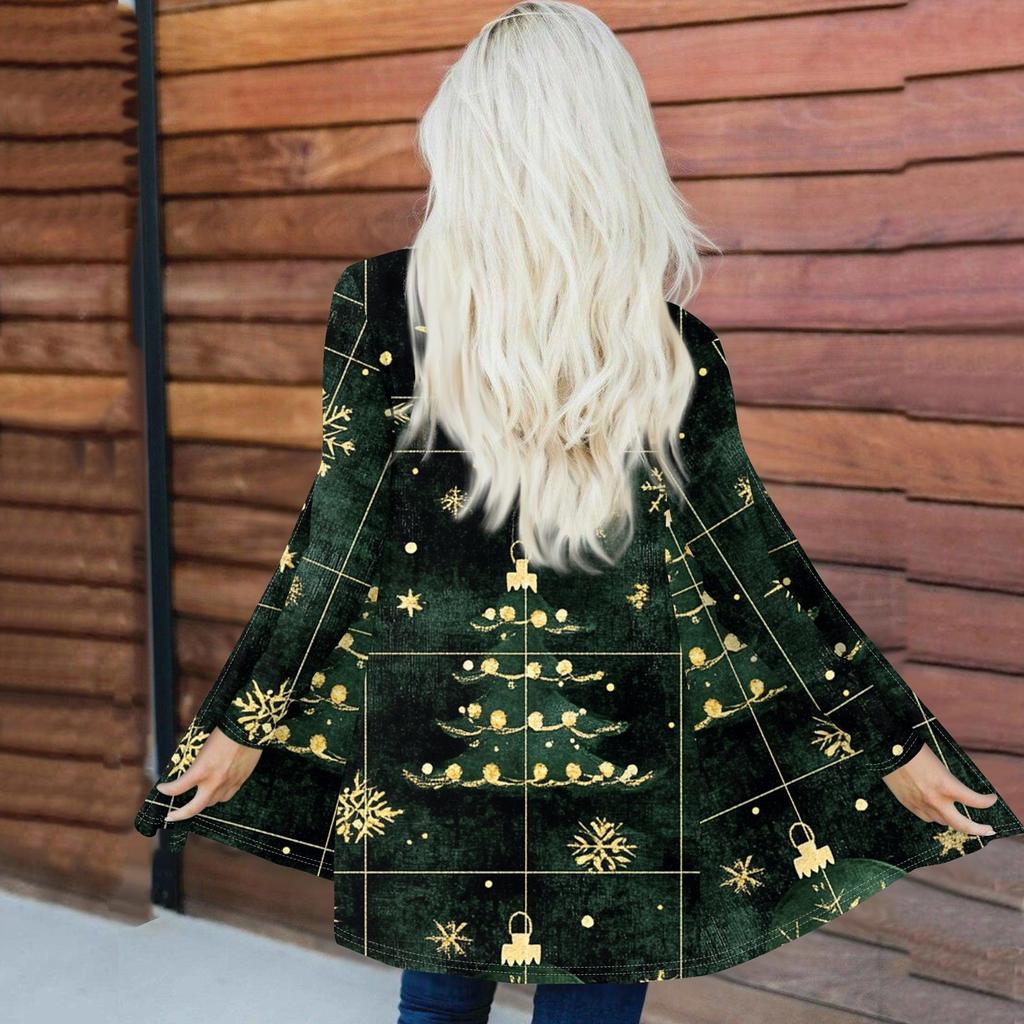 Women's Fashionable And Casual Christmas Printed Mid Length Cardigan Long Sleeved Jacket