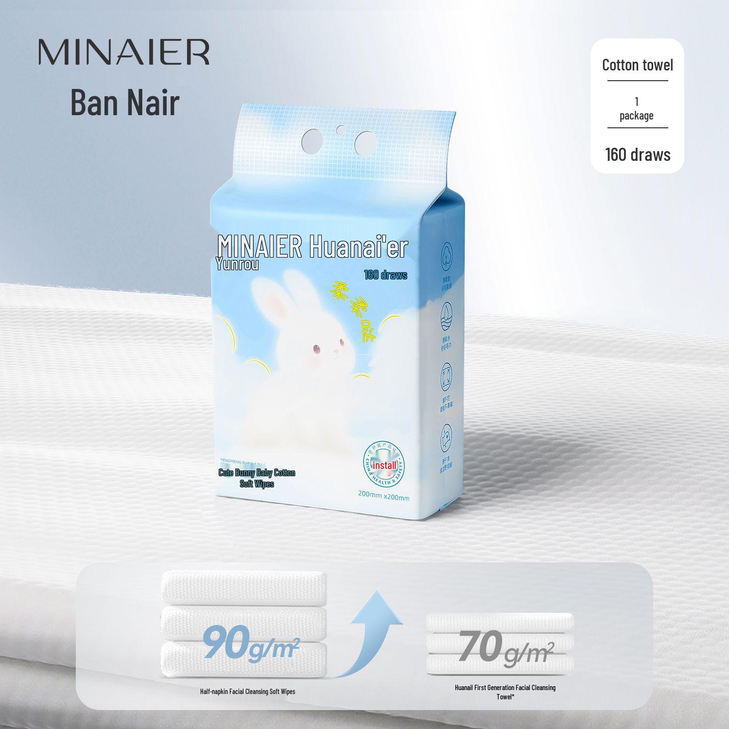 Mi Nai Er Baby Soft Cotton Wipes - Cloud-like, Skin-friendly Cute Bunny Design, Thick Disposable Face Washcloths. 20*20cm