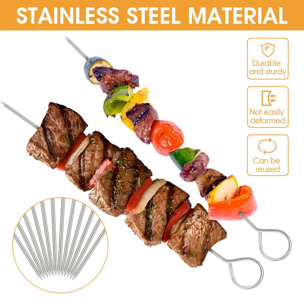 12Pcs BBQ Skewers Metal Stainless Steel Grilling Sticks Reusable for Outdoor Picnic Camping Cooking Party Accessories