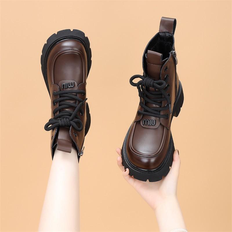 Fashion Trend Martin Boots Thick-soled Comfortable Fashion Boots Women's Autumn and Winter New Lace-up Velvet Leather Boots