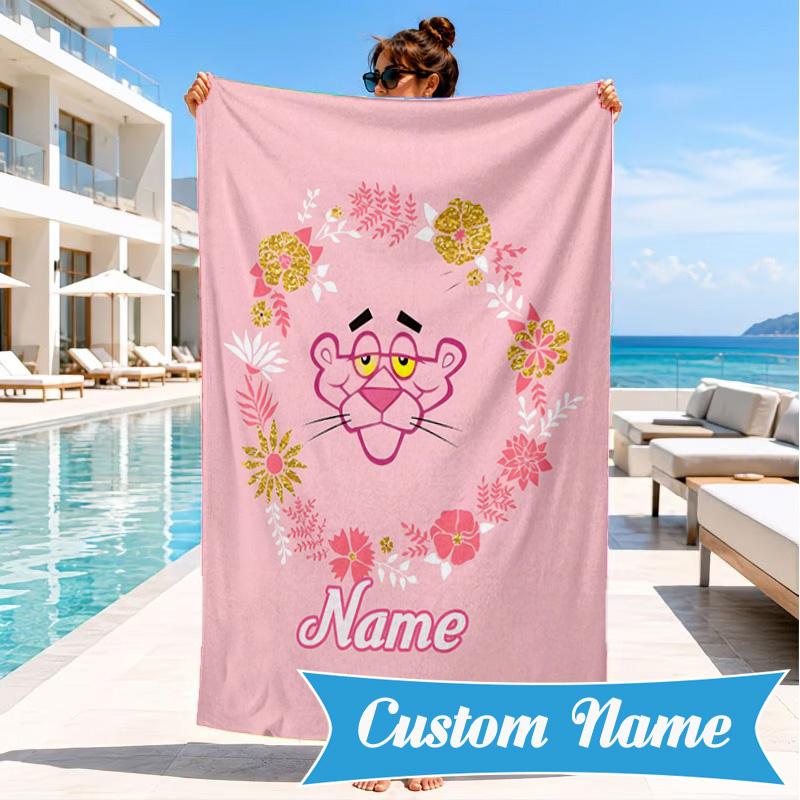 Benutzerdefinierter Name Pink-Panther Herz Im Weltraum Abenteuer Mikrofaser Strandtuch, Leicht für Sommerreisen, Schwimmbad Fan Geschenk